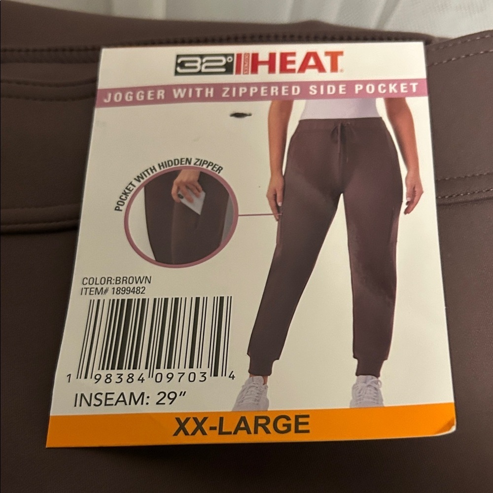 Nwt 32 Degrees Heat Brown Joggers with slant and Zippered Pocket.  super soft.